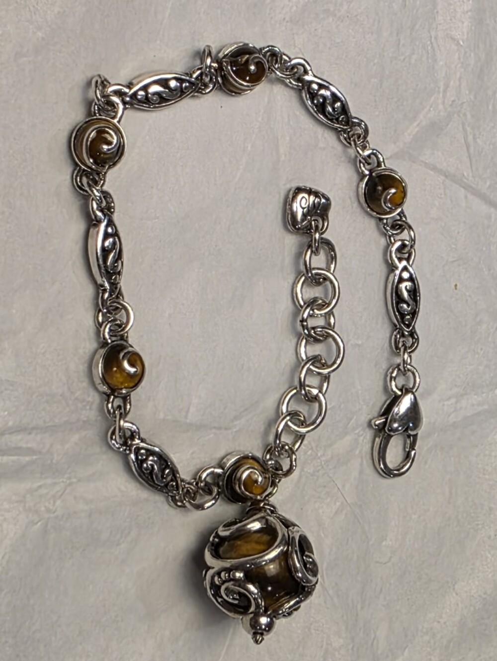 Brighton Tigers Eye Orb Charm Bracelet Silver Tone Filigree Scrollwork Brown‎